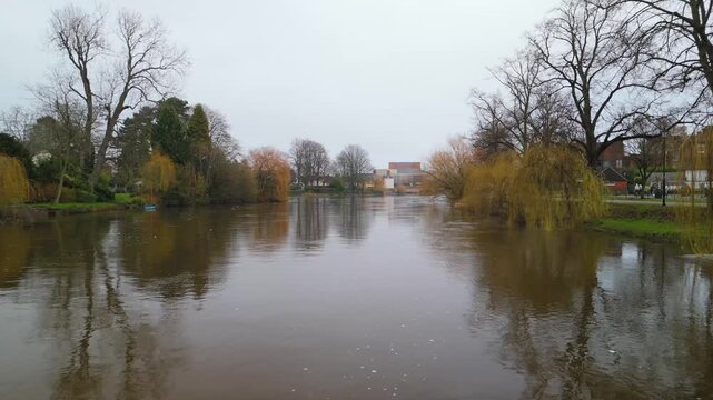 Victorian Suspension Footbridge and Tudor House on River Severn, Shrewsbury