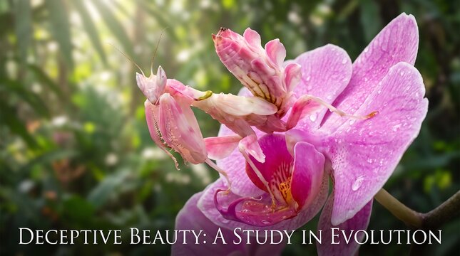 Beautiful pink orchid mantis perched on vibrant orchid petal representing deceptive camouflage strategy in natural ecosystem.