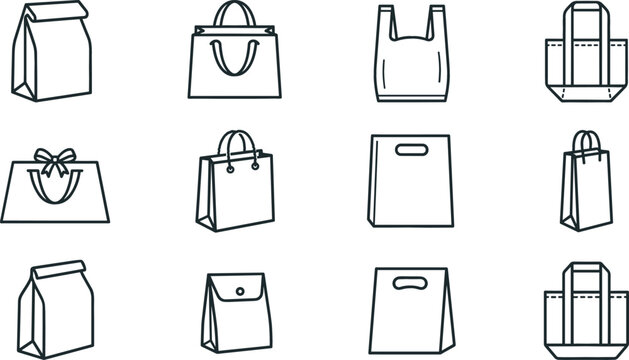 Shopping bag line icon set featuring paper sacks plastic pouches tote bags handles and retail packaging vectors