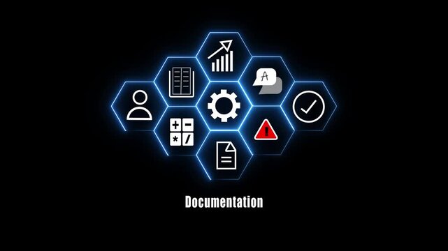 Digital documentation interface with glowing hexagonal and gear symbol for business process and technical workflow management