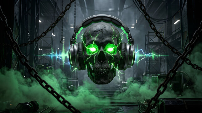 Dark futuristic skull wearing headphones with neon energy, smoke, chains and abstract sound waves for music visuals. AI Generated.