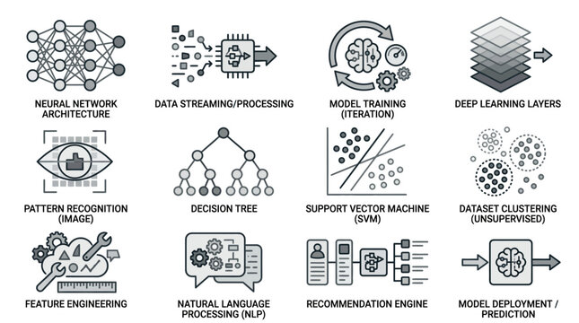 Data science and deep learning algorithm line icons.