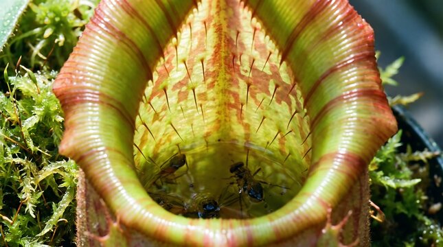 Carnivorous pitcher plant nepenthes macro view with insects trapped inside digestive fluid surrounded by green mossy habitat.