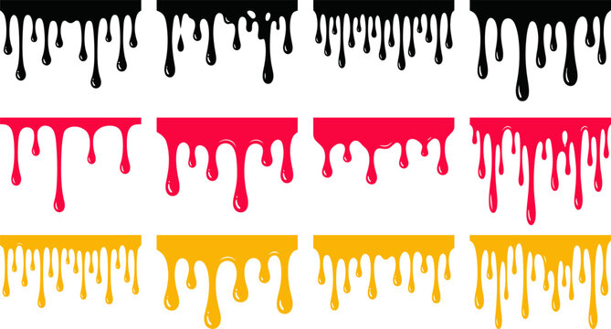 Black paint drips and liquid melting splatters set, flowing ooze vector silhouettes isolated on white background.