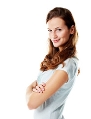 Fototapeta premium Smile, woman and portrait with crossed arms in studio, confidence or optimism for wellness. Female person, happy and pride for good mood or positive attitude for wellbeing on white background