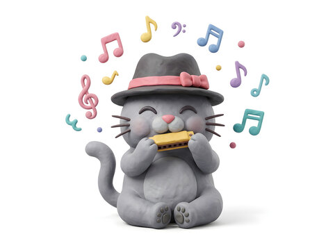 3D cute gray cat wearing a hat playing harmonica with harmonica