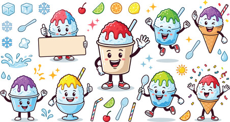 Shaved ice mascot cartoon characters set with funny snow cone cups and summer dessert illustration elements © Sukhi