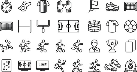 Soccer and football thin line icons set containing stadium ball referee field trophy and match broadcast symbols. © Nayan