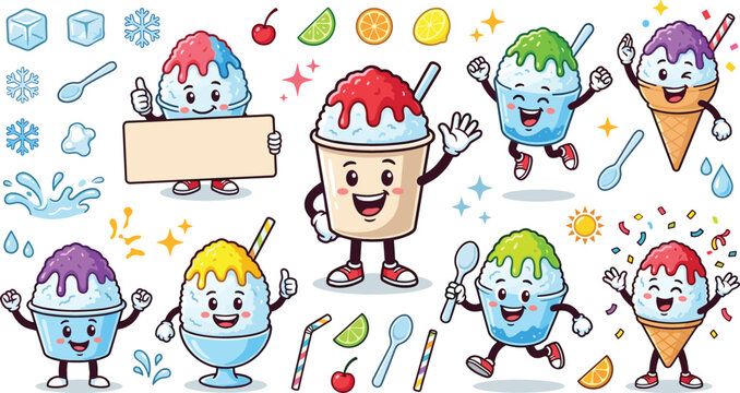 Shaved ice mascot cartoon characters set with funny snow cone cups and summer dessert illustration elements