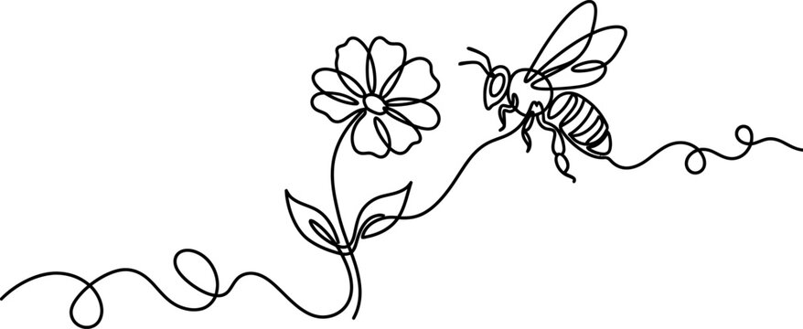 Continuous one line drawing of flaying bee. Simple illustration of honey bee line art vector illustration.