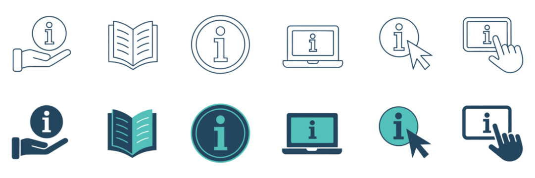 Client guidebook vector icon set featuring manual, FAQ, information and instruction symbols for user support, documentation and service design, vector, designs
