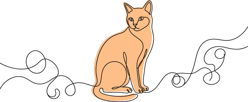 Continuous line drawing of a cute orange cat in a whimsical swirling pattern design