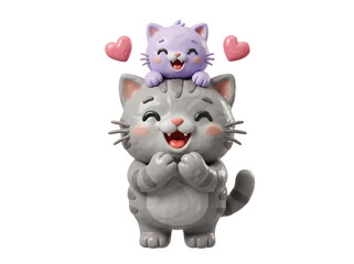 Fototapeta premium Cute grey cat holding small purple kitten 3D icon with affection