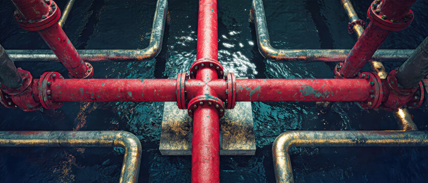 Overhead view shows a web of metal pipes with one red pipe above dark water. A central platform emits a golden glow, highlighting the structure