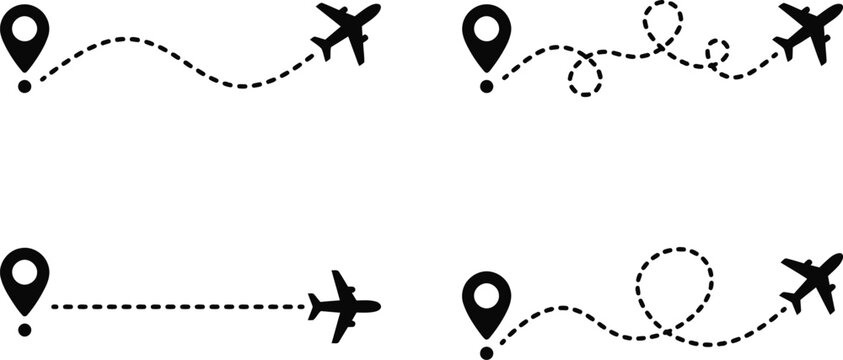 The flight path of the aircraft from the point of location along the dotted line. Flight route from a waypoint with an airplane silhouette. Vector elements