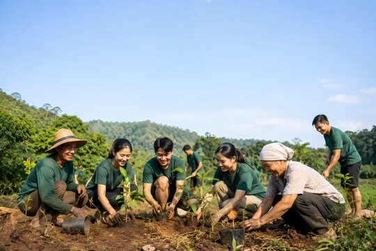 group of people Diverse group of happy volunteers planting young trees together in a reforestation project, environmental conservation concept