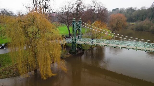 Aerial View of Greyfriars Footbridge Over River Severn with The Quarry Park, Shrewsbury