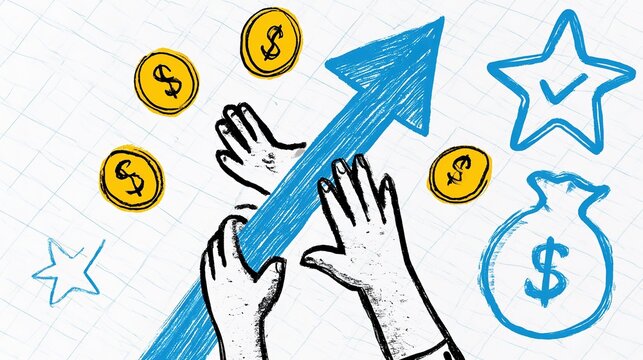 Sketch style financial concept illustration on subtle grid paper texture background, hand-drawn blue upward trend arrow, two black and white hands placed on the arrow, four floating yellow dollar sign