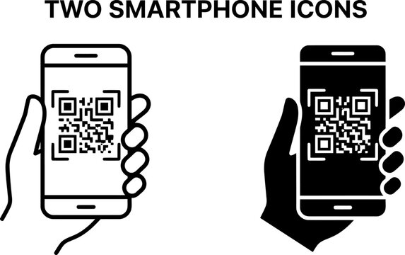 Hand holding smartphone icon set, scanning QR code on screen flat vector illustration isolated.