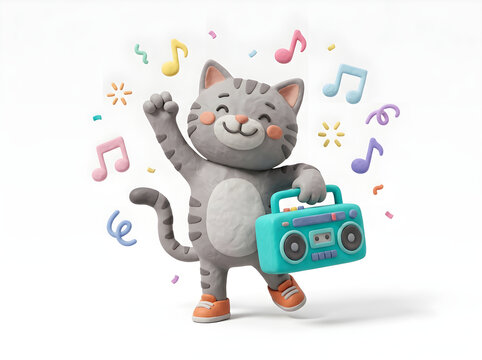 3D cute gray cat dancing with retro boombox music radio