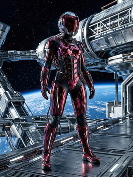 Woman in futuristic red chrome spacesuit