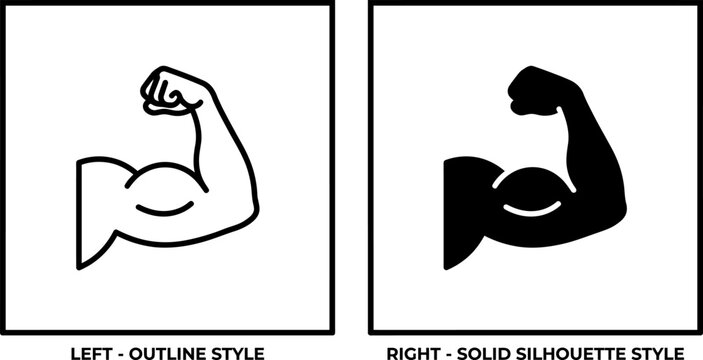 Muscle icon. Bicep symbol. Strong arm vector illustration. Gym logo. Bodybuilding fitness concept. Athlete flexing hand sign. Muscular power pictogram isolated on a white and black background