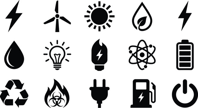 Energy power and industry solid icon set featuring renewable green electricity battery fuel recycling and nuclear symbols
