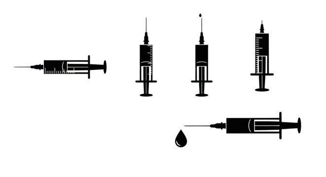 Medical syringe and hypodermic needle silhouettes set.