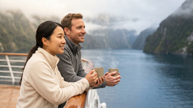 Happy diverse couple holding coffee mugs on cruise ferry deck enjoying scenic view of Cook Strait, New Zealand travel concept. 