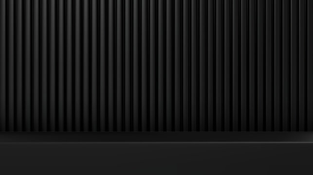 Black podium shelf on metal panel background. Modern scene with platform and vertical slat wall. Empty product showcase stage for presentation, display or studio mockup. Realistic vector illustration