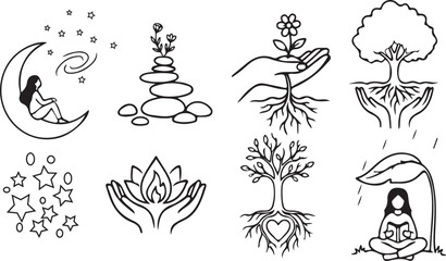 Obraz premium Hand Drawn Mindfulness and Spiritual Icon Set Featuring Nature Elements Yoga Symbols and Meditation Concepts for Wellness and Mental Health Design
