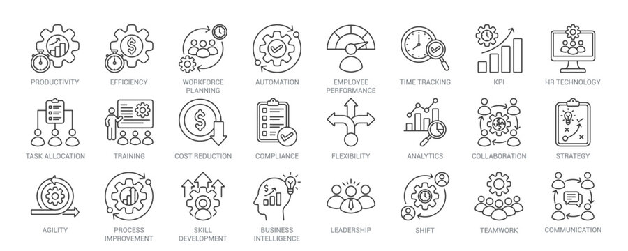 Workforce Optimization outline vector icon set featuring workforce planning, productivity, efficiency, automation, employee performance, KPI, analytics, business intelligence concepts.
