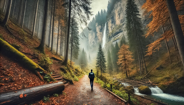 Hiker on a Serene Forest Path with a Hidden Waterfall