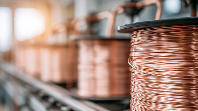 Industrial copper wire spool on manufacturing equipment in modern production facility, close up of conductive metal material used for electrical and engineering applications
