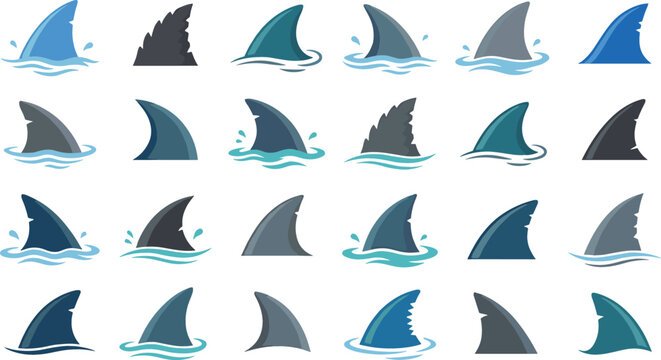 Shark fin vector icons set with blue ocean waves marine wildlife predator silhouettes and danger symbols
