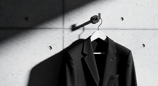 A tailored black blazer hanging on a minimalist chrome hook against a concrete wall, architectural detail, harsh shadow play