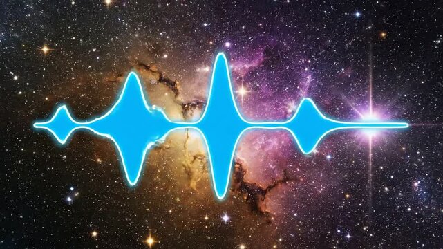 Pulsing Blue Audio Waveform Moving Through Vibrant Cosmic Nebula & Starry Galaxy Background