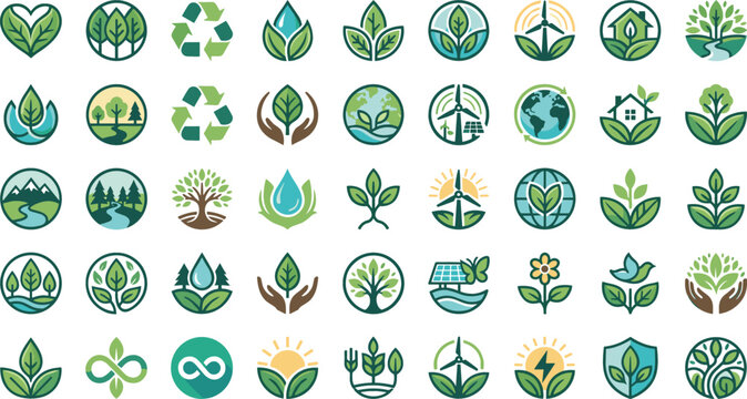 Ecology logo icon set featuring green leaves recycling symbols wind turbines solar panels trees and sustainable environment
