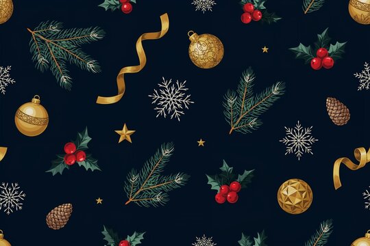 Seamless christmas pattern featuring golden baubles, green pine branches, red holly berries, silver snowflakes, and ribbons on dark blue