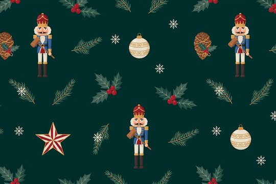 Seamless christmas pattern featuring nutcracker soldiers, pine branches, holly berries, white ornaments, and stars on a dark green background