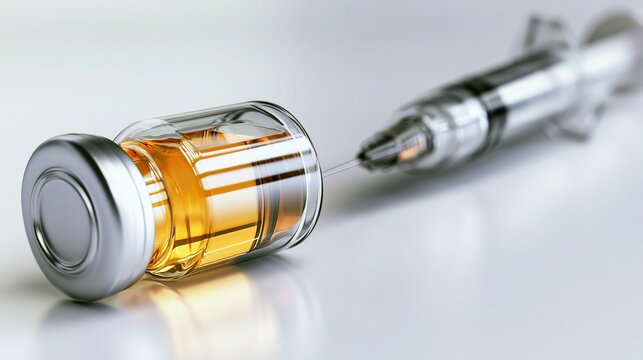 Medical syringe and vial with cerebrospinal fluid sample on sterile surface, clinical diagnostic concept