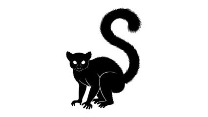 Black Lemur Silhouette: A stylized black silhouette of a lemur with glowing white eyes and a long, bushy, curled tail, poised in a curious stance. © Murshida