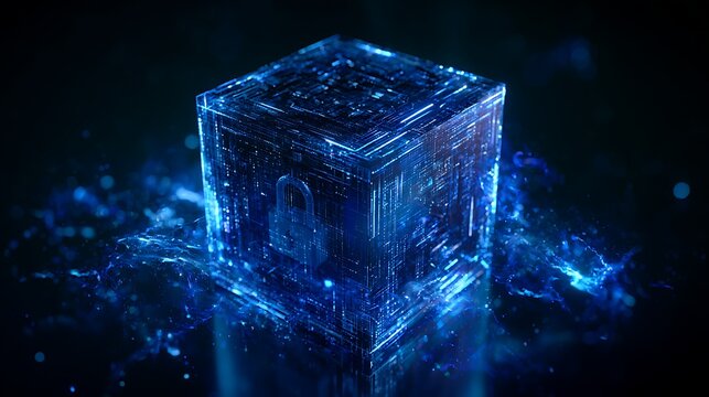 Encrypted quantum data cube surrounded by security layers, blue neon energy, cybersecurity innovation concept,