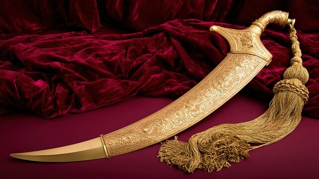 Sikh ceremonial kirpan with ornate sheath on crimson velvet, religious artifact, cultural legacy, realistic lighting