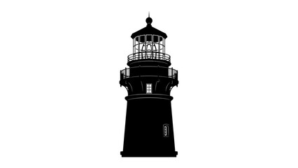Silhouette of a Lighthouse: A striking black silhouette of a traditional lighthouse stands tall against a stark white background, its iconic structure symbolizing guidance and safety. © mahmuda428