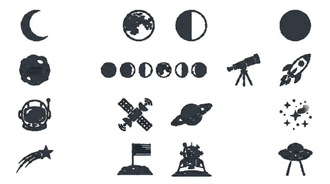 Crescent Moon , Full Moon , Half Moon , New Moon , Lunar Crater . Moon Phase , Telescope , Rocket , Astronaut Helmet , Satellite ,Ringed Planet , Star Cluster , Shooting Star , Lunar Flag , Moon Lande