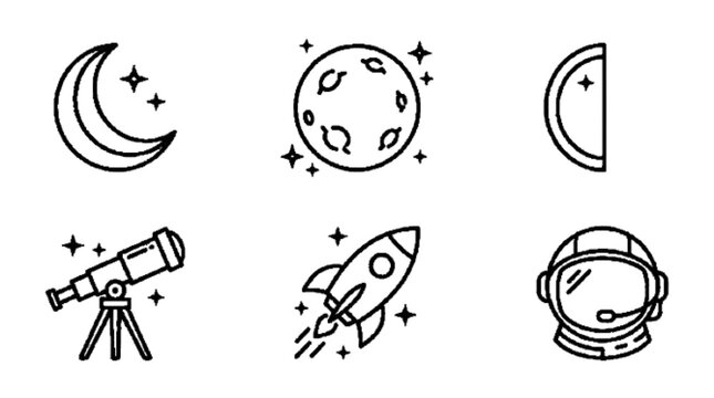 Full Moon ,  Half Moon , Telescope , Rocket , Astronaut Helmet vector icon art black , white background 
