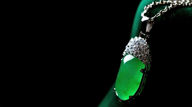 Long green jade pendant in silique form on dark background, soft realistic light, minimalist negative space, premium jewelry shot