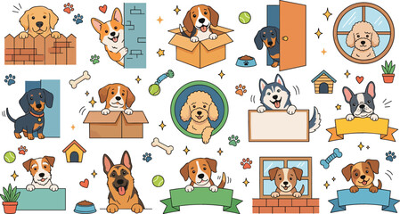 Cute dog breeds cartoon sticker set featuring peeking puppies corgi husky german shepherd and blank banners collection © Sujon Shah