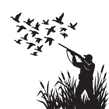 Duck hunter silhouette with rifle shooting flying birds in reed grass vector illustration